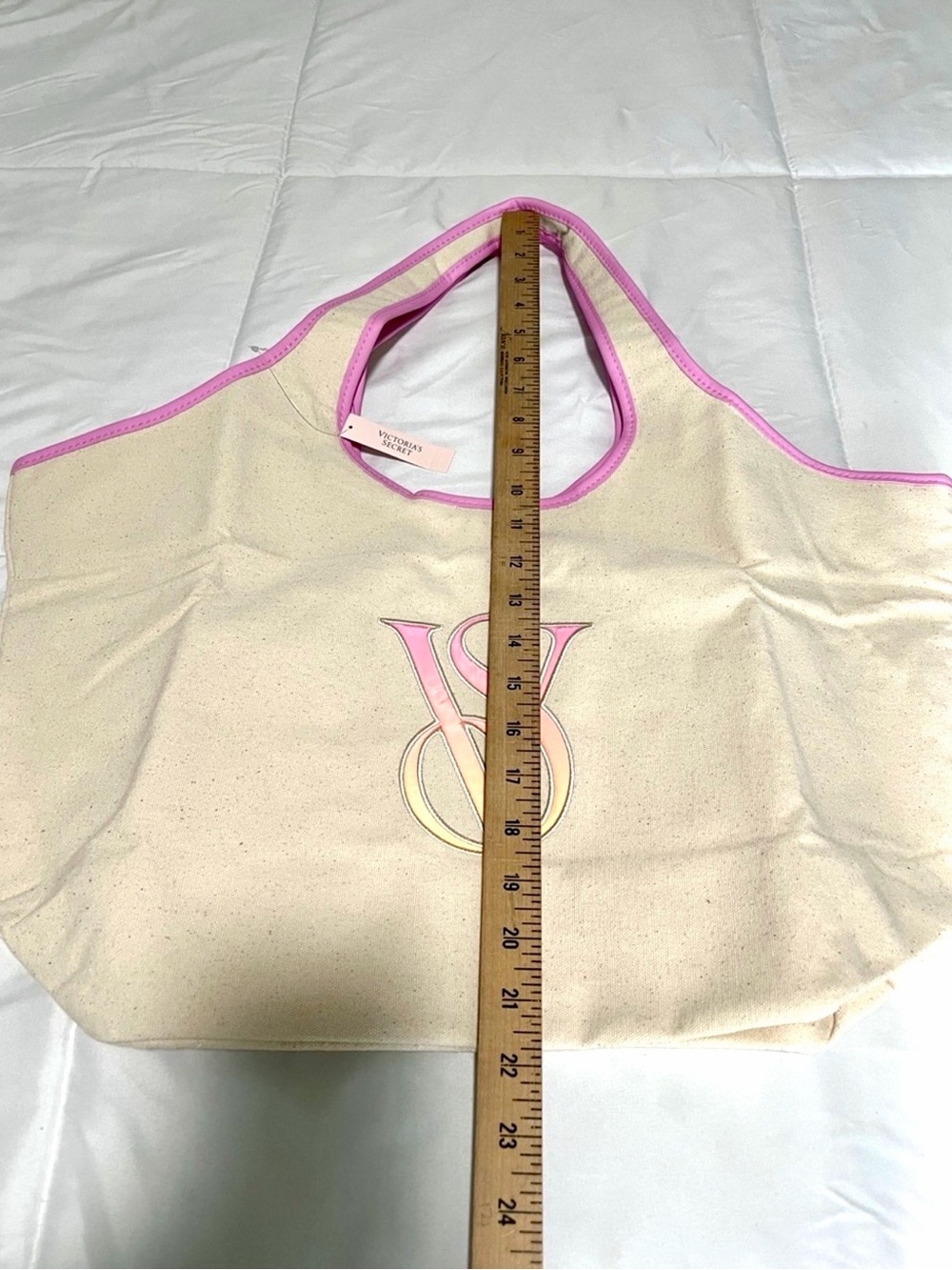 NWT Victoria's Secret Cream Canvas Tote with Pink Trim - Picture 3 of 8